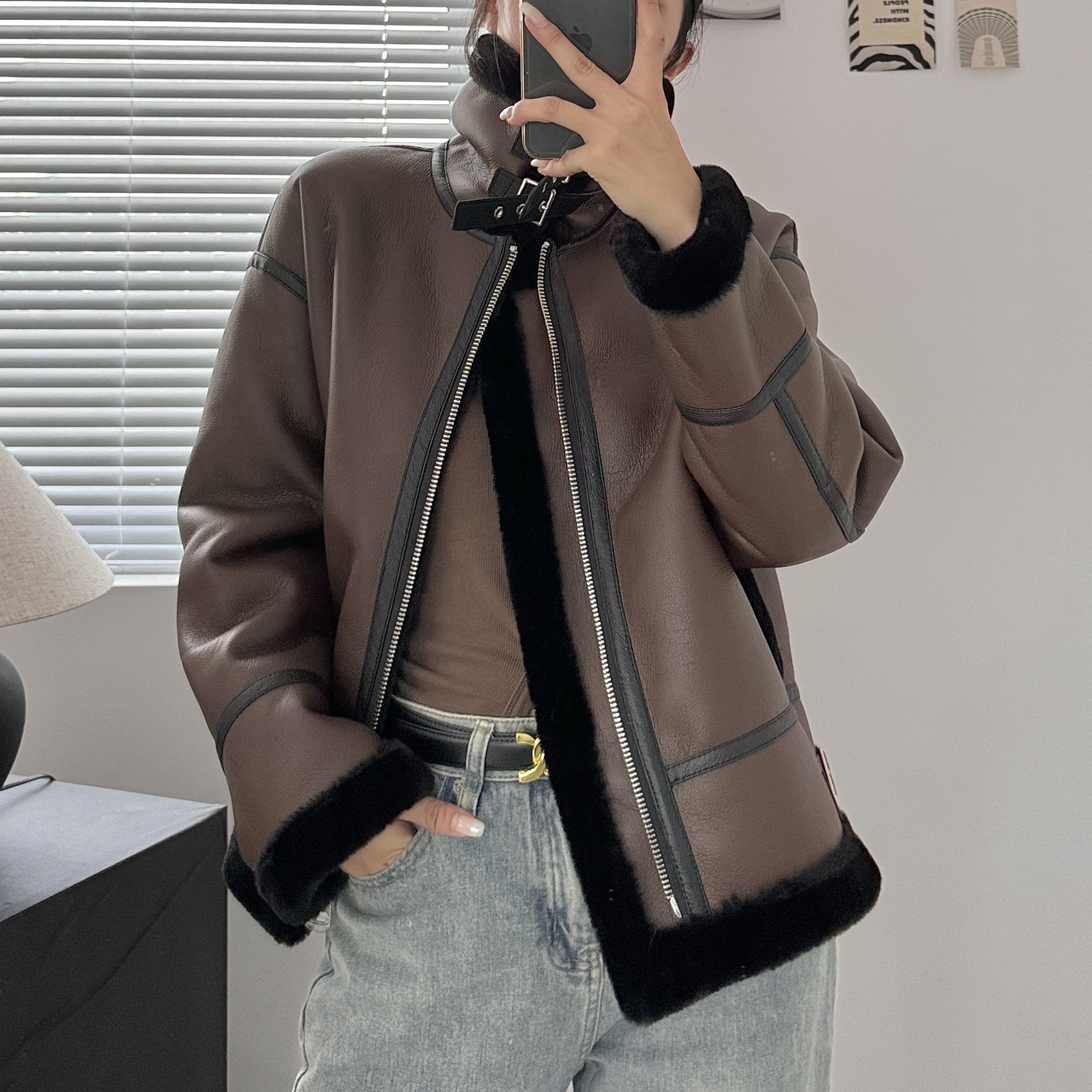 Women's Clothing retro motorcycle style belt decoration stand collar fur lamb wool thick warm coat women's jacket_voghion.com