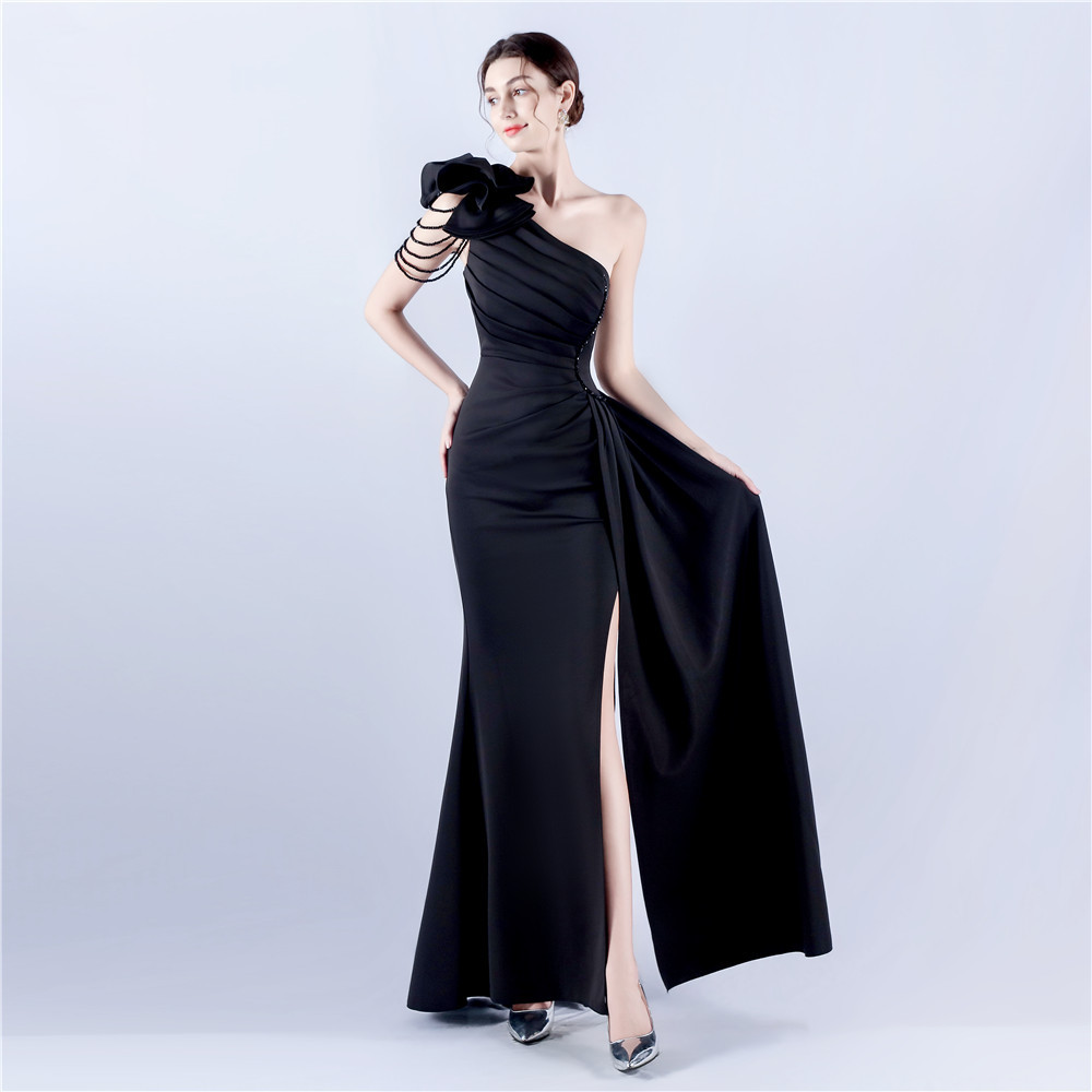 Women Clothing Heavy Industry Beads Handmade Artistic Floral Pleated Craft Satin off the Shoulder High Fork Evening Dress