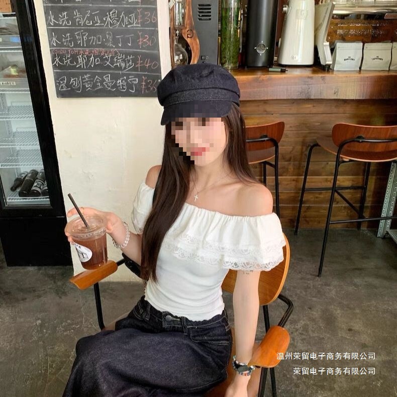 French-Style White Off-Shoulder T-Shirt for Women, Summer Season, Stunning Lace Ruffle Design, Off-Shoulder Short Top with a Stylish Touch French-Style White Off-Shoulder T-Shirt for Women, Summer Season, Stunning Lace Ruffle Design, Off-Shoulder Short Top with a Stylish Touch