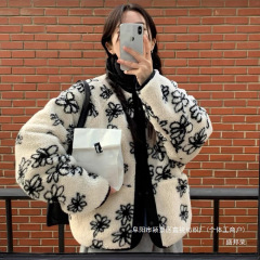 厂家直销现货正反可穿小花朵复古羊羔绒棉服外套咖色