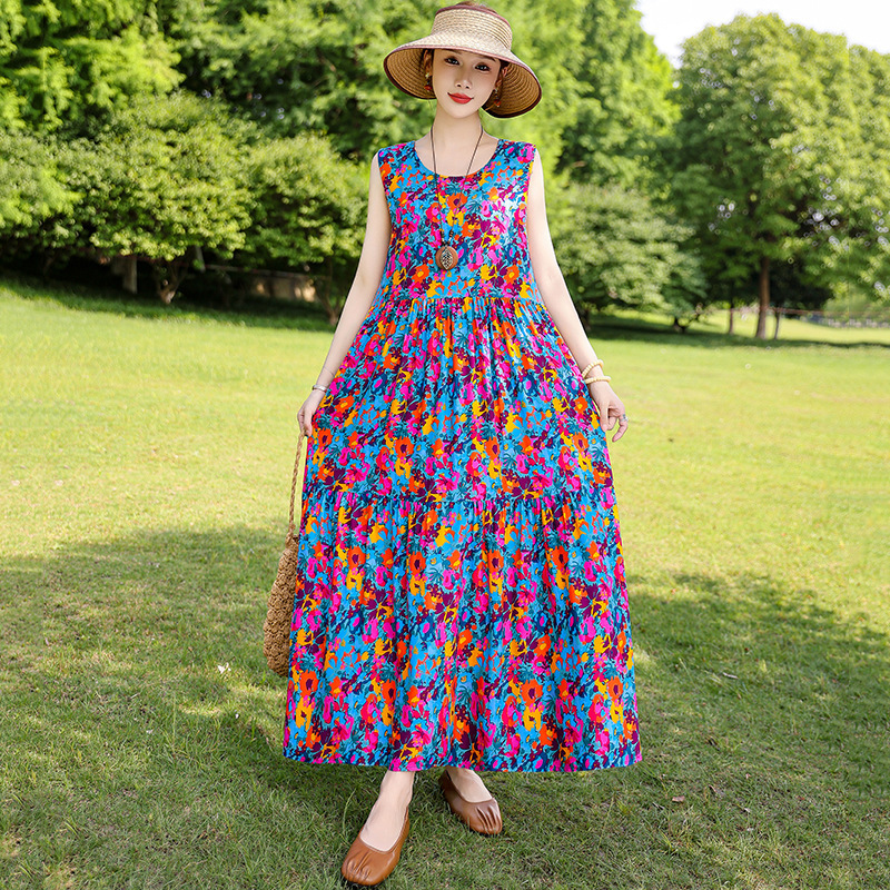 Vespel Skirt Summer Outfit New Style Exlonged Sleeveless Cotton plus size dress Large Swing Skirt Seaside Holiday Beach Skirt