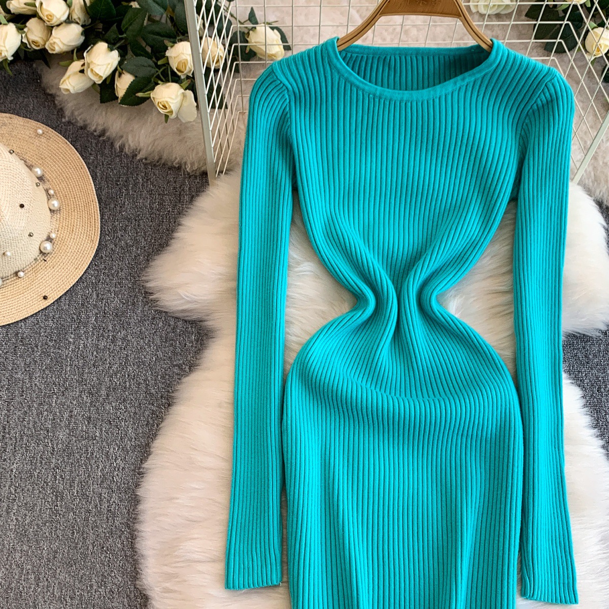 Women's Ribbed Sweater Dress Midi Slimming Knit Dress For Women_voghion.com