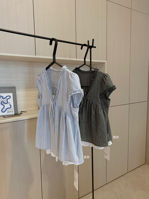 WGWE 夏の女性の韓国デザインレースステッチチェック柄ルーズ痩身偽ツーピース V ネックシャツ W6385|undefined
