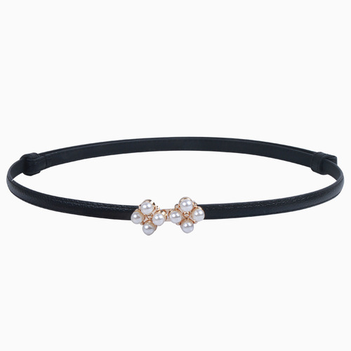 Pearl buckle waist belt for women, elastic thin black with skirt decoration dress belt for girls