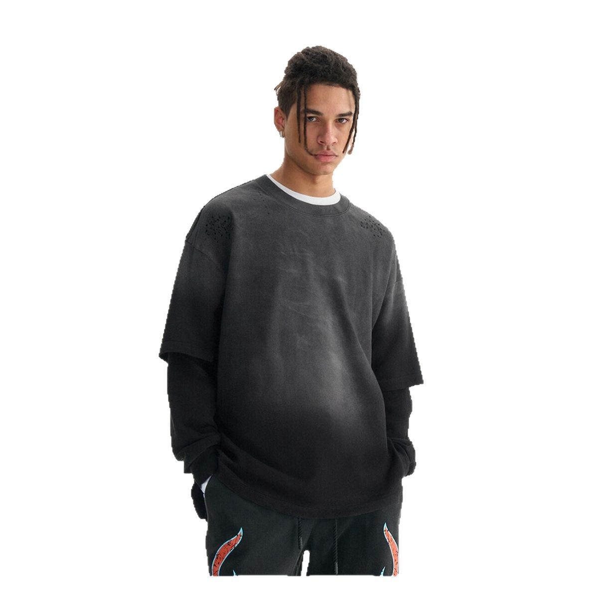 Camiseta de manga larga para hombre ETAI, estilo americano, de algodón puro, gruesa, con efecto de dos piezas, vintage, de cuello redondo, lavada, para primavera y otoño.