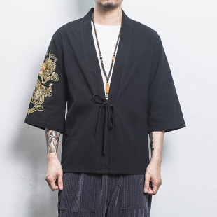 Chinese style summer men's cotton and linen Han clothing dragon embroidered cardigan Japanese large size retro trendy robe coat wholesale