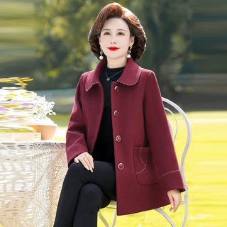 妈妈秋冬装洋气加厚毛呢外套50岁中老年人女气质翻领夹棉呢子大衣