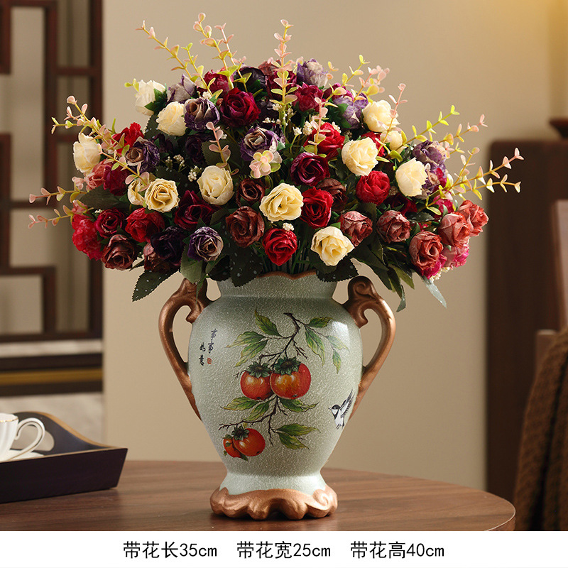 가지 위의 까치 - 감 여의 이중 귀 짧은 꽃병 + 화려한 꽃다발 6개