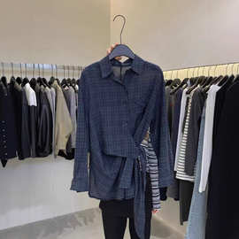 欧洲站2025早秋新款欧货设计感收腰绑带宽松格子衬衫洋气上衣女潮