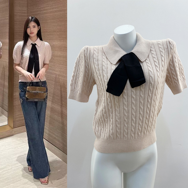S Home 2025 Autumn/Winter New Detachable Bow Tie Ribbon Turn-Down Collar Cable Knit Versatile T-Shirt Top Sweater for Women