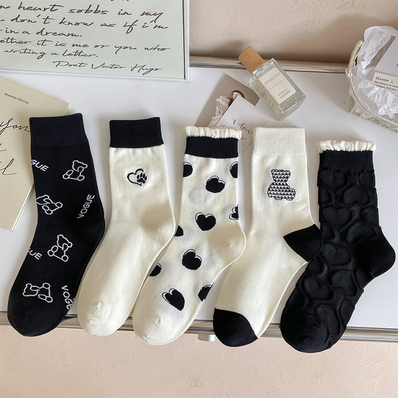 Black and White Socks Women's Mid-tube Socks Lace Love Korean Style Cartoon Bear Spring and Autumn Ins Trendy Cute Girls Cotton Socks