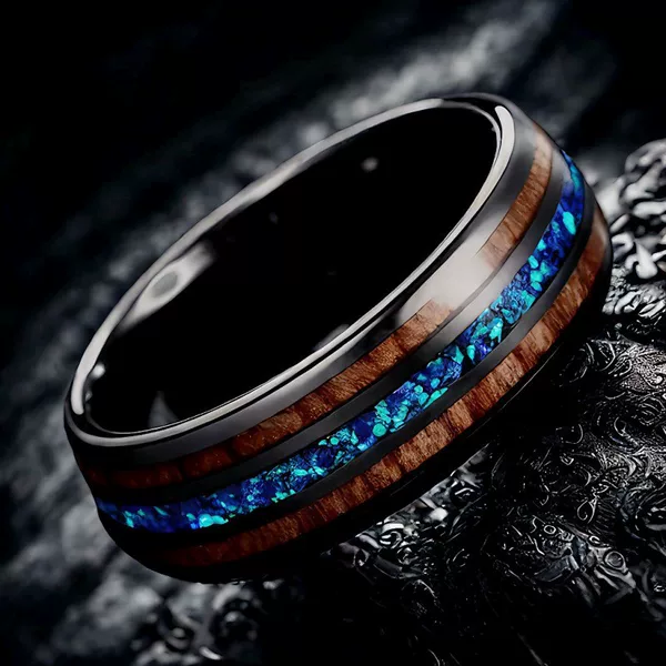 8mm Wide Black Two-Piece Acacia Wood + Sapphire Blue Opal Stainless Steel Ring for Men, Black Three-Slot Wood Grain with Blue