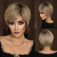 中高年女性向けクロスボーダーウィッグ、ショートヘアママウィッグ、フルヘッドセット、ベージュ斜め前髪、化学繊維アメリカンフロストヘア