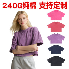 欧美ins跨境短款t恤女潮牌做旧炒雪花纯棉240克辣妹短款露脐装T恤