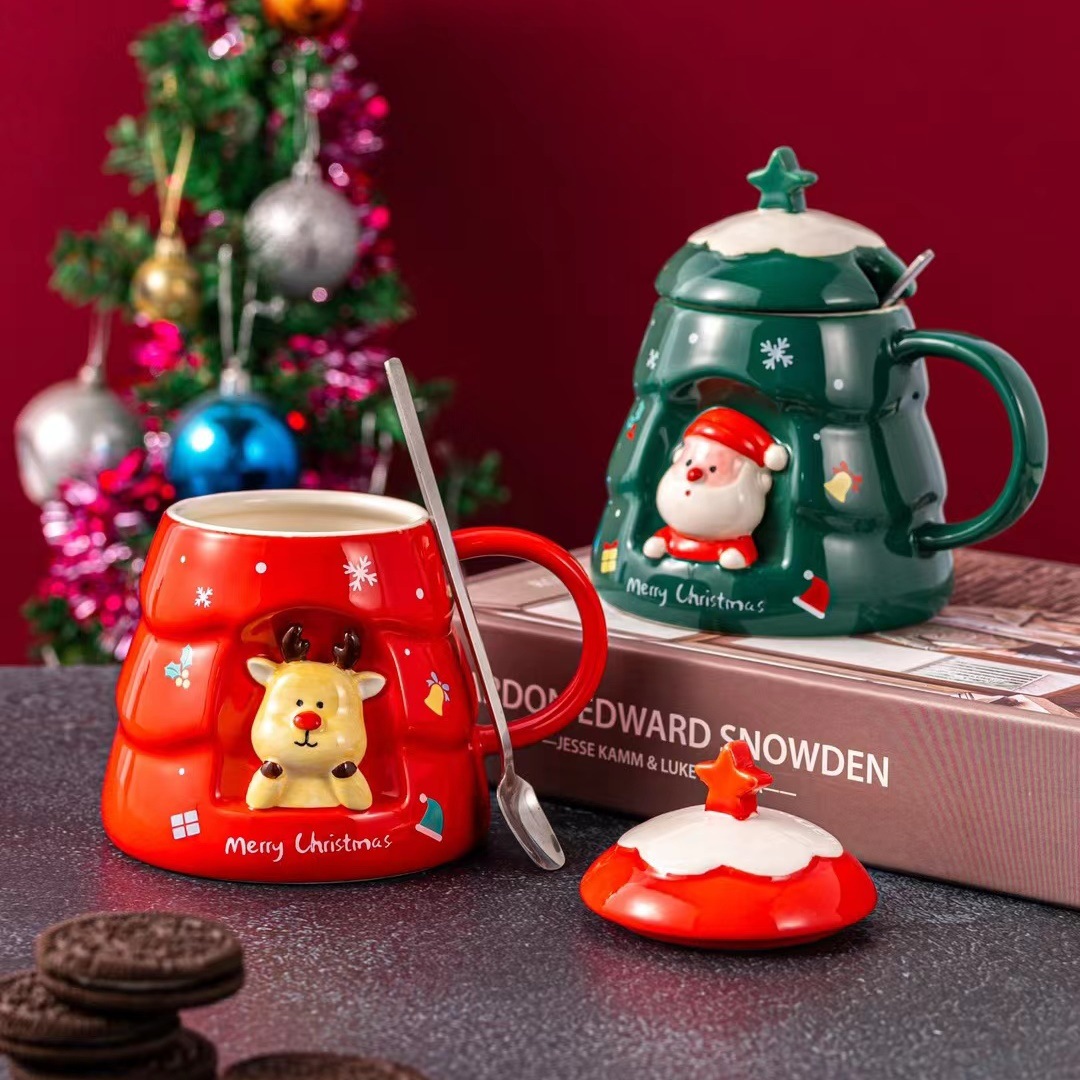 Creativo personalizado Navidad en relieve Taza de cerámica con tapa cuchara hogar taza de beber regalo taza de café de dibujos animados
