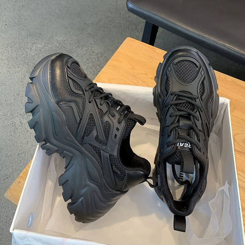 Громоздкие кроссовки Fried Street на платформе, Женские Дышащие сетчатые кроссовки 2023, весна и осень, новые черные универсальные повседневные кроссовки, модные