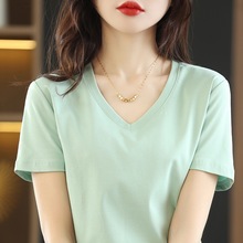 正肩短袖T恤2024新款春夏季打底衫大码显瘦纯色V领上衣女