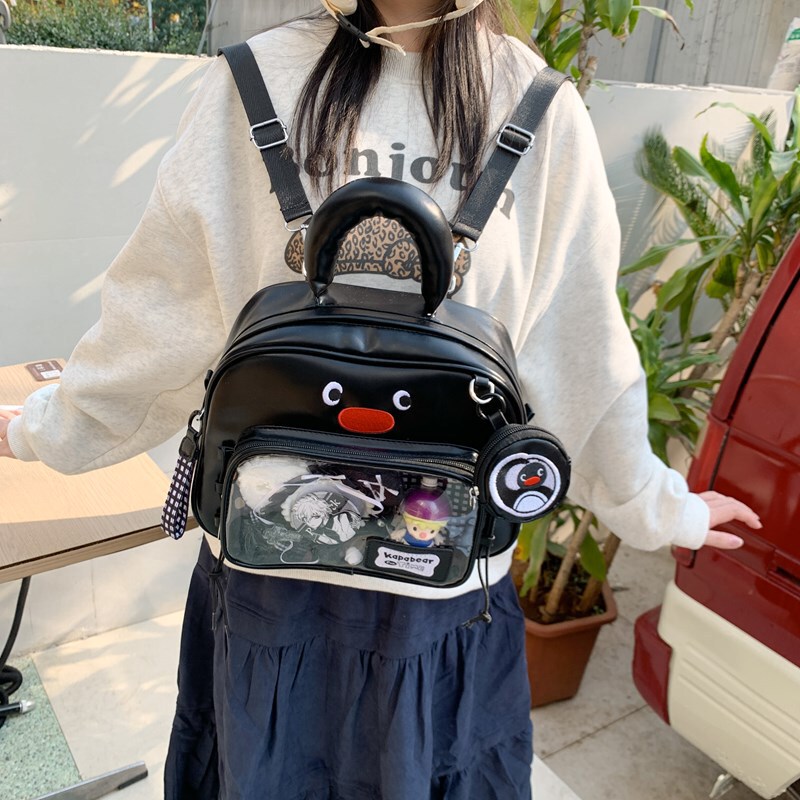 Japanese-Style High-Appearance Plaid Transparent Tote Bag, Large Capacity, College Style, Commuter Shoulder Bag, Cute and Adorable Penguin Bag