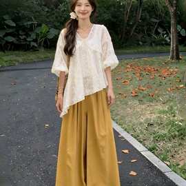 慵懒风蕾丝刺绣上衣阔腿裤两件套女夏季松弛感超火套装