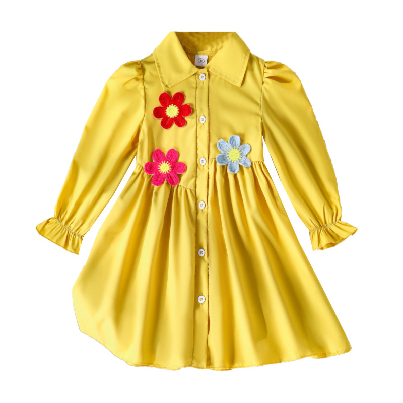Vestido para niños 2025 otoño nuevo estilo coreano niña niña estilo occidental flor de sol vestido de camisa de manga larga cabello de una pieza