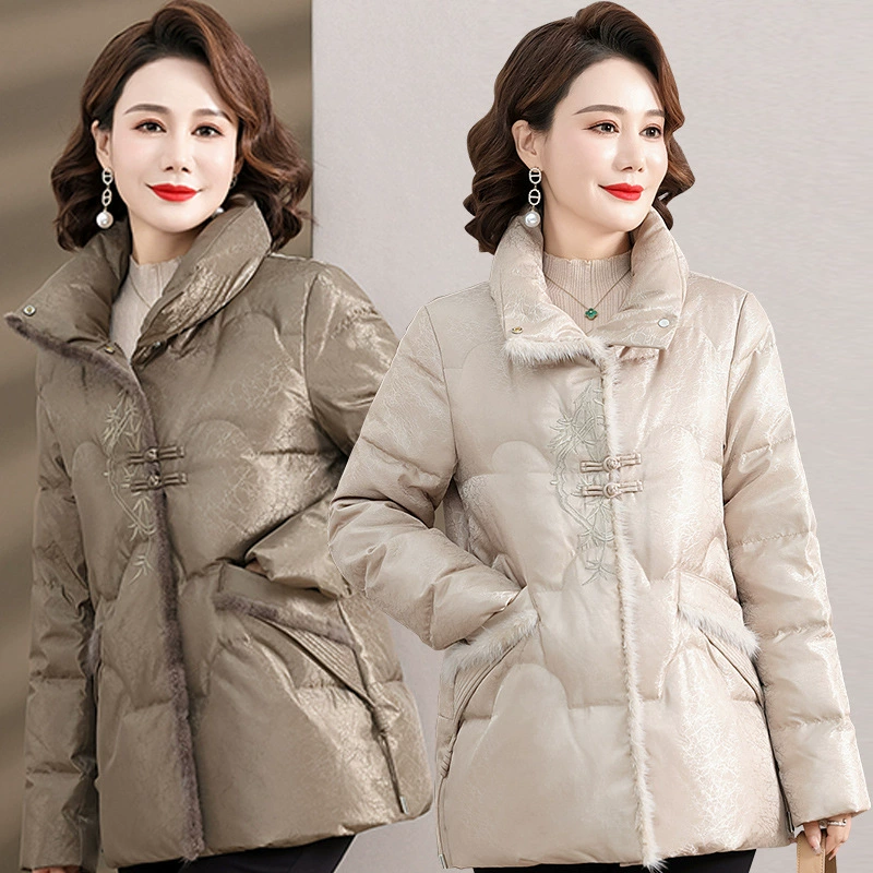 Пуховик 2024 Зимняя мама Короткий новый китайский стиль национального пальто женский воротник норка шерсть для женщин среднего и пожилого возраста