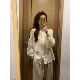 国风暗花刺绣长袖衬衫雪纺小衫仙女春秋新中式小众设计感宽松上衣