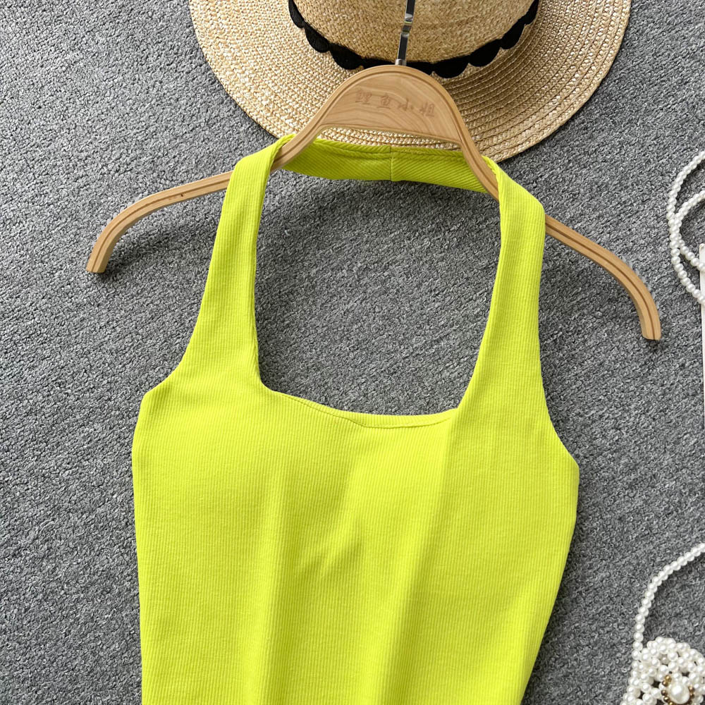 84g Weight Cotton, Rib Fabrics Fabric Type Short Top Length Vest Tops Type Holiday, Banquet, Daily Occasion Halter Neck Neckline Slim Fit Type Solid Color Pattern Summer Season Women's Gender Elegant, Streetwear Style Wholesale Women's Elegant Streetwear Solid Color Tank Tops 7
