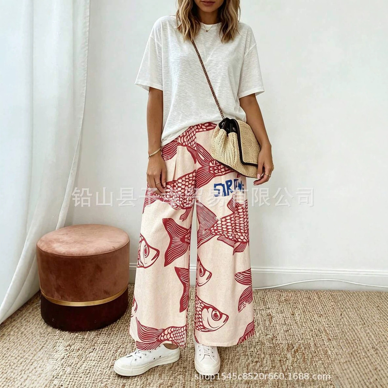 Y2K Retro Floral All-Over Print Casual Wide-Leg Pants Women's Elastic Waist Loose Vacation Beach Pants Cross-Border Wholesale