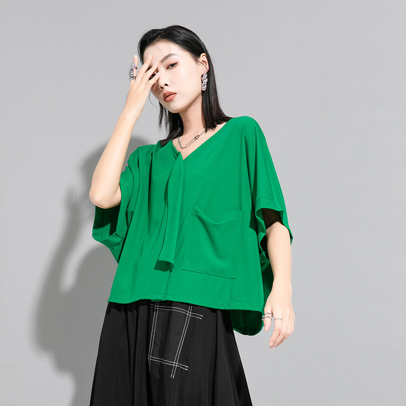 Cross-Border Exclusive Supply for Europe and America, New Summer Street Style Loose Plus-Size Batwing Sleeve V-Neck Green T-Shirt Short-Sleeve Top for Women