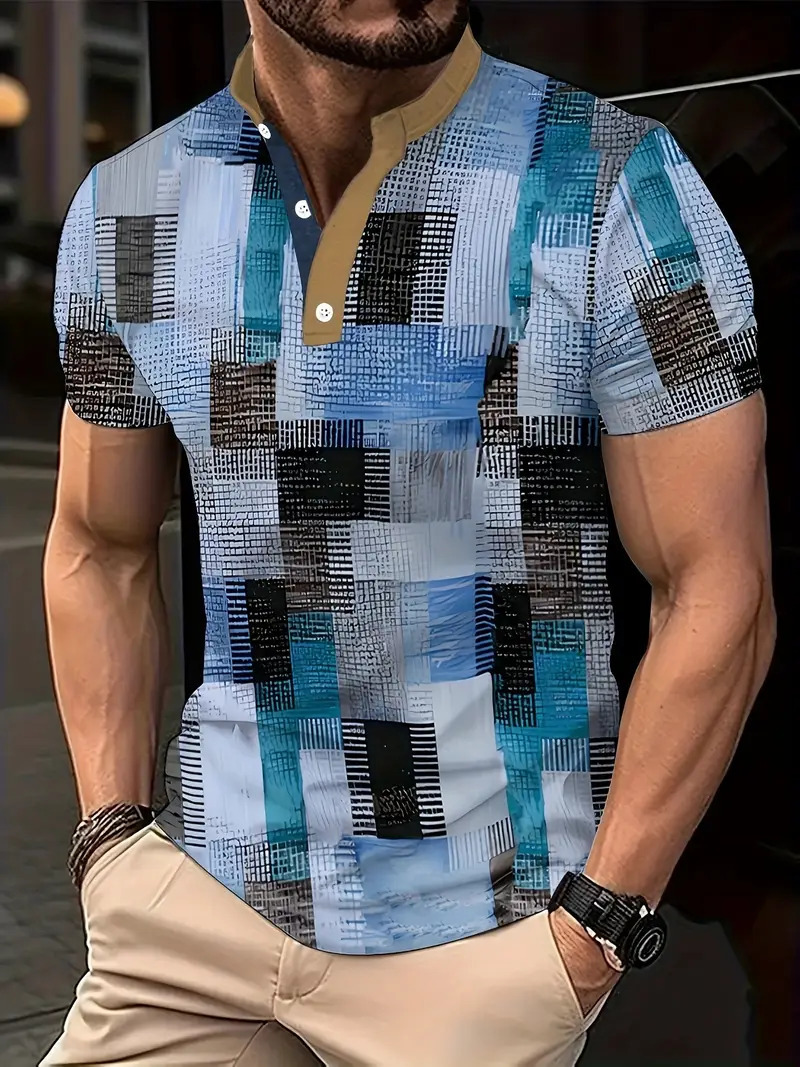 Nuevo estilo transfronterizo de verano 3d geométrico cubo estampado cuello alto botón de manga corta polo playa casual ME13