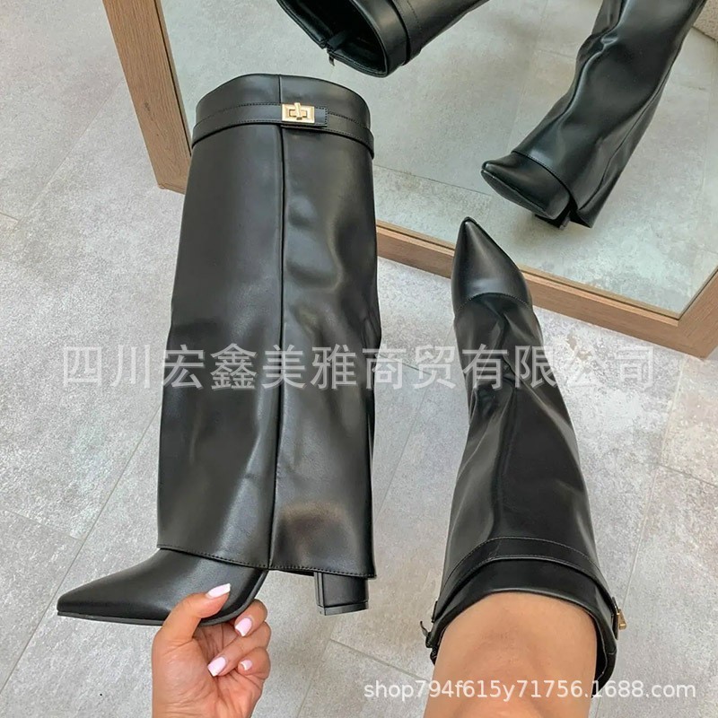 2025外贸新款女鞋尖头直筒金属扣中长筒靴子大码粗跟裤管靴女靴|undefined