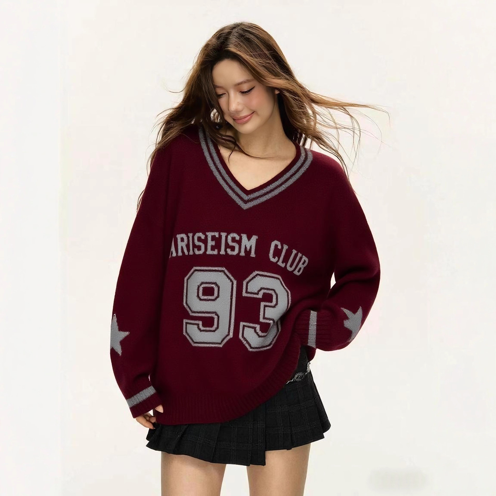 2025秋冬欧美外贸跨境新款亚马逊temu女装撞数字修宽松套头毛衣