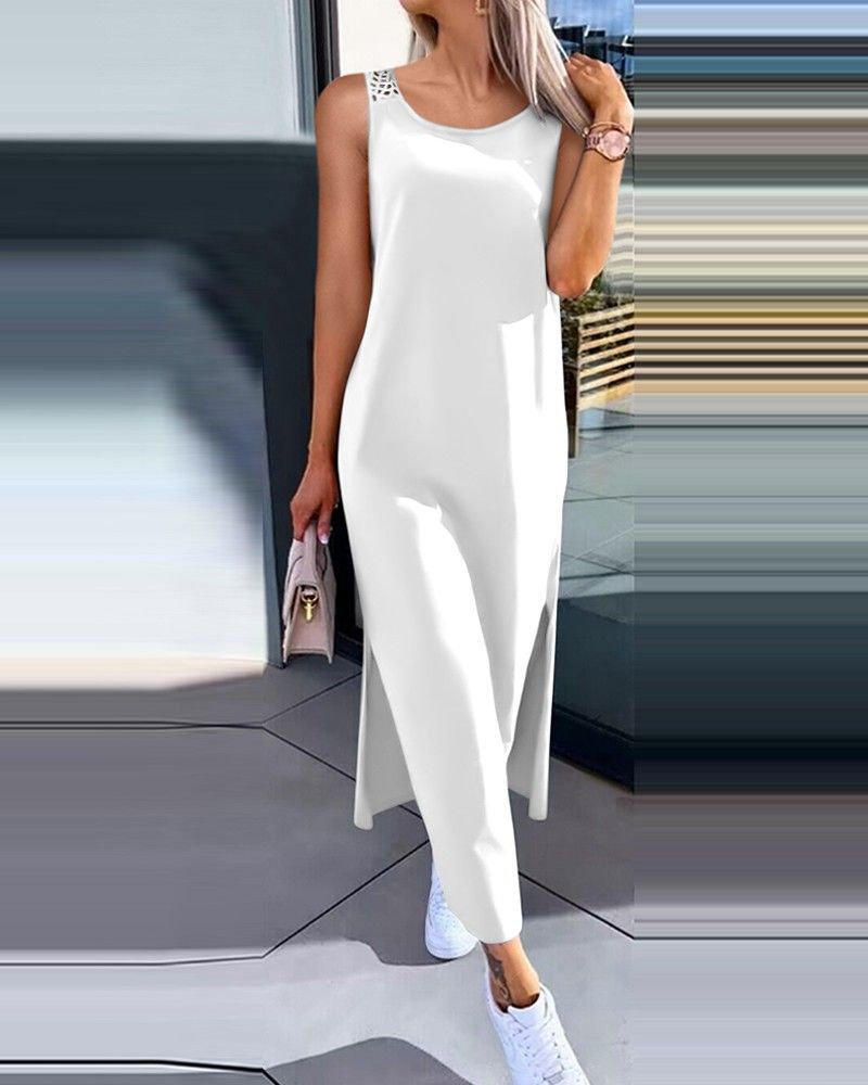 European And American Style Foreign Trade Women's Clothing Lace Hollow-out Suspender Sleeveless Slit Tank Dress,_ecoleips.com