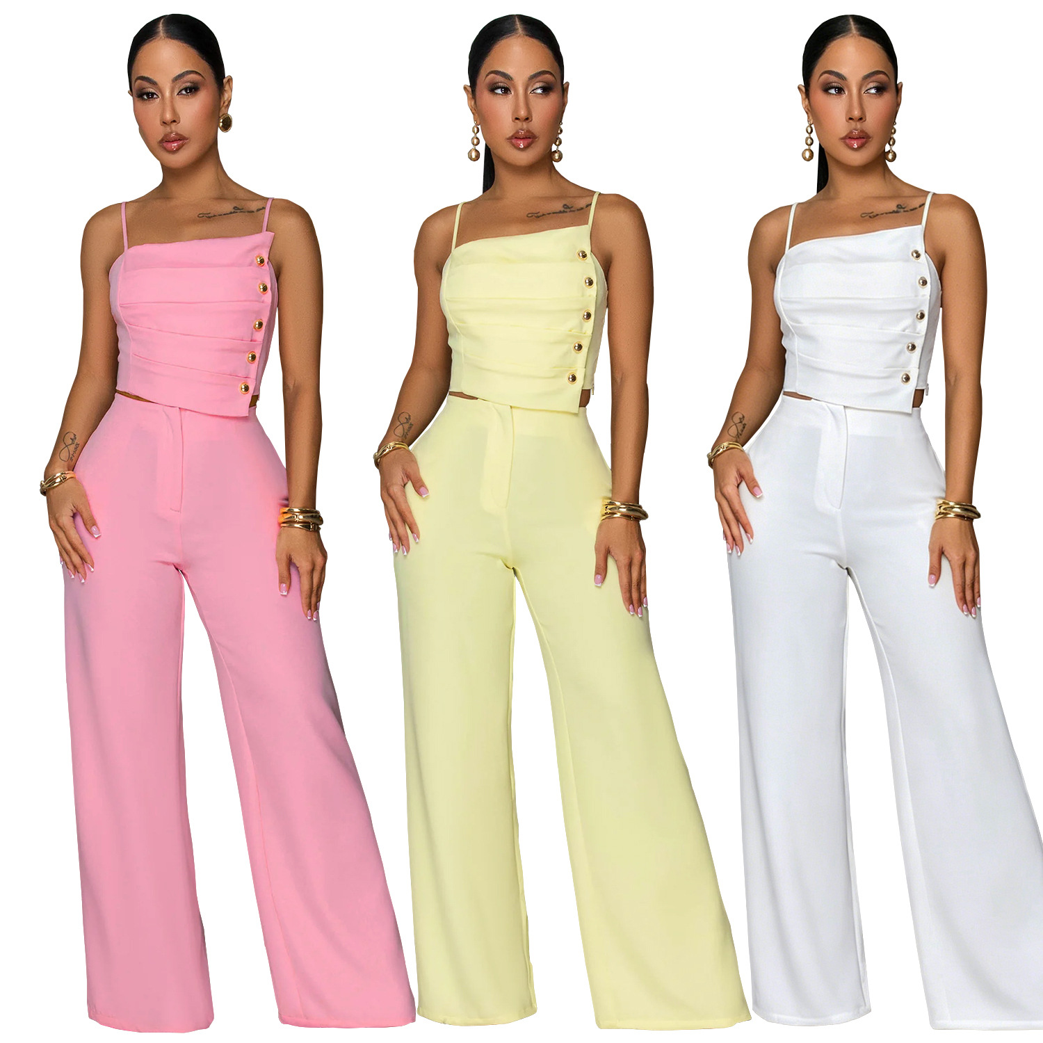C7739 transfronterizo 2026 nueva ropa de mujer de color sólido pliegue hebilla de metal chaqueta de cinturón pantalones largos de piernas largas dos piezas set