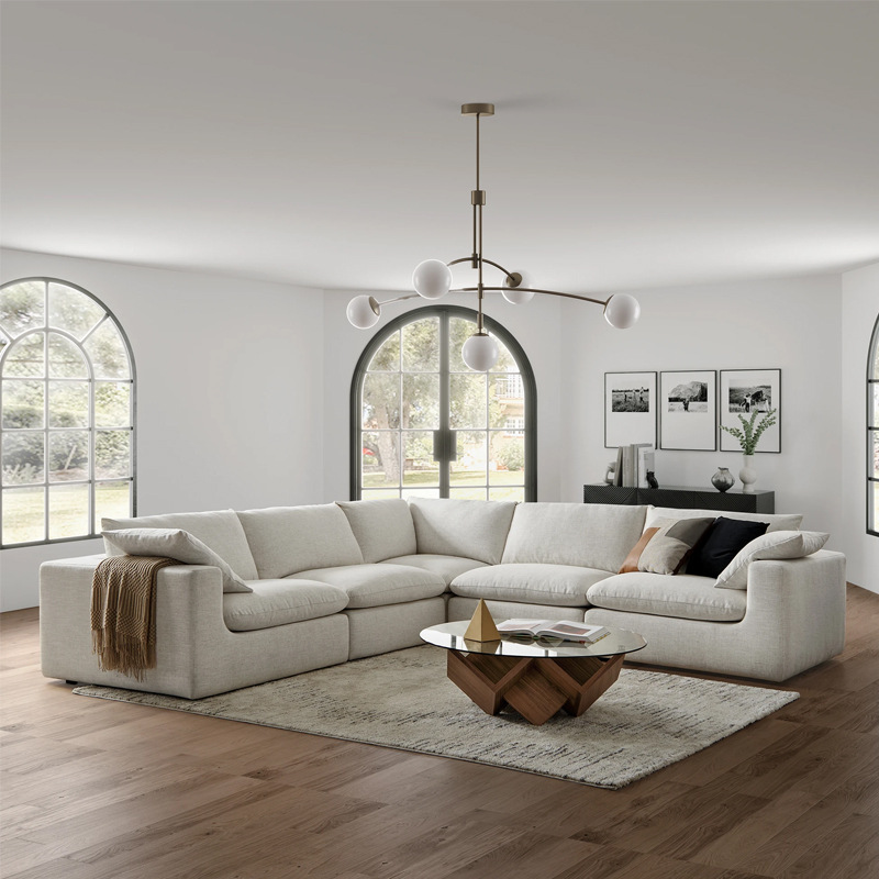 Sala de estar de lino nórdica combinación de nube de arena moderna simple línea directa módulo de hotel crema sofá de esquina de viento
