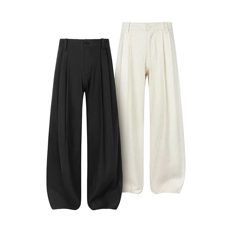 High-Quality "Hand-Stitched" Tencel Linen Blended Double-Pleated A-Line Casual Pants for Men, Breathable Straight-Leg Draped Pants