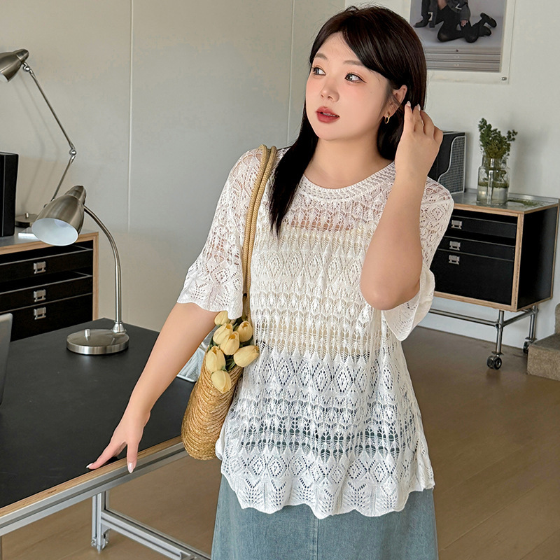 Plus-Size Women's Crochet Hollow-Out Design Knit Top, 2026 Summer New Style, Short-Sleeve Blouse for Plus-Size Women 2412