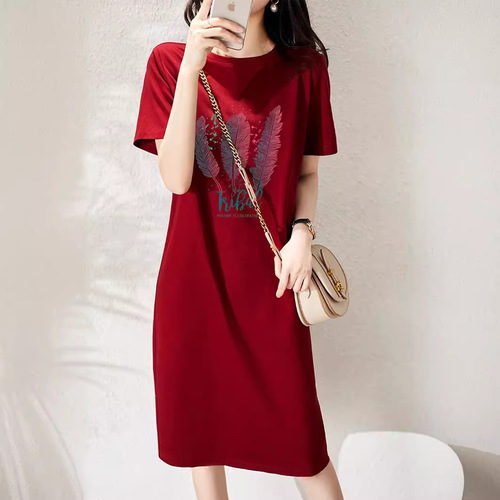 Summer Women's Loose Short Sleeve Slimming Cartoon Print T-Dress for Students and Commute Medium Length Fairy Dress