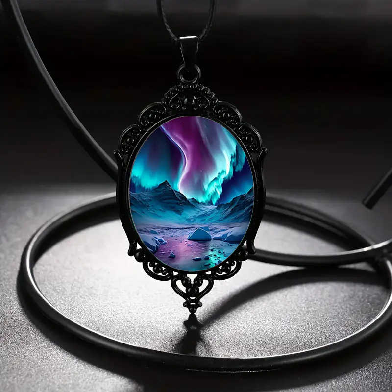 Cross-Border New Product Hot Selling Beautiful Snow Mountain Aurora Pattern Glass Pendant Necklace-Black Frame Trendy