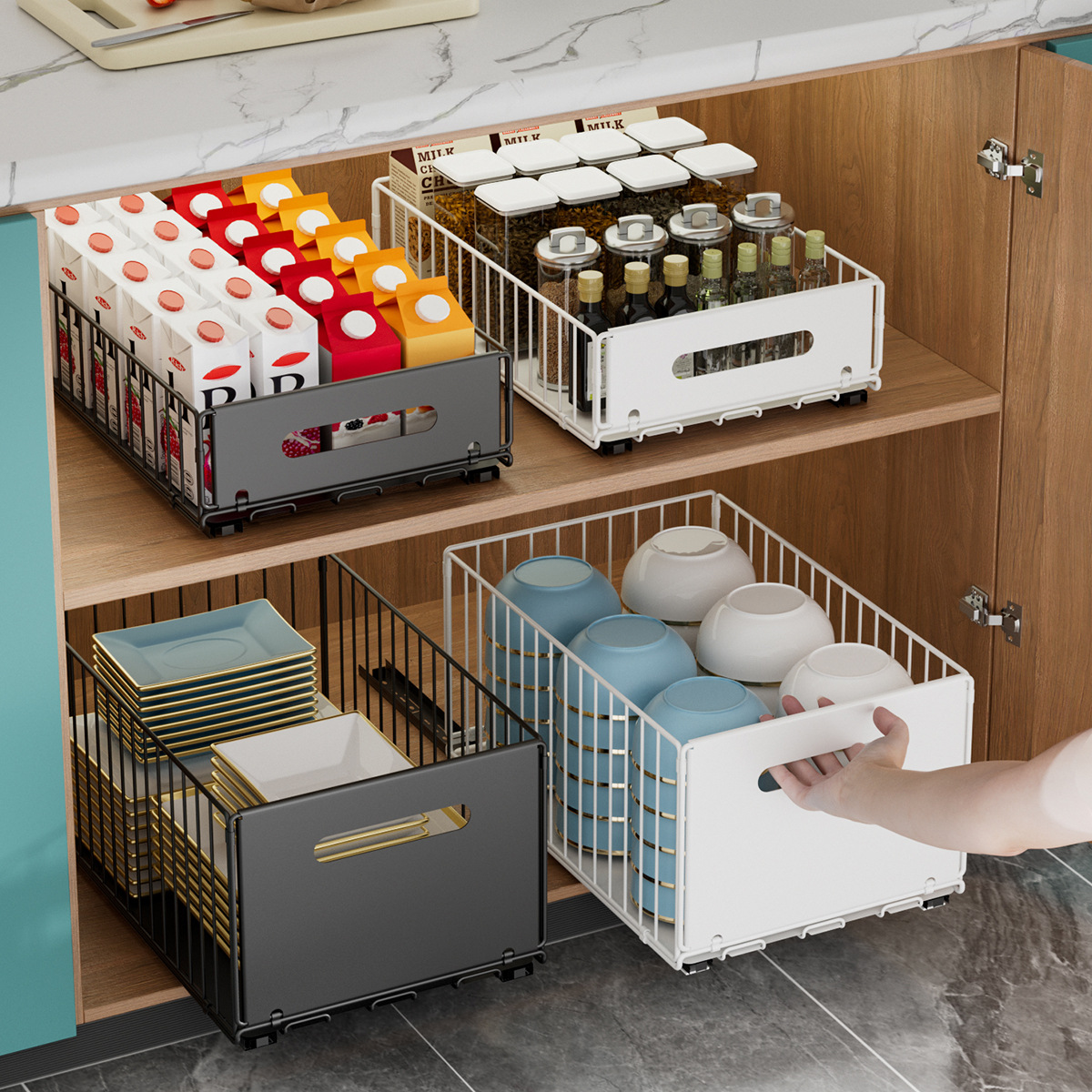 Estantería de almacenamiento interior de armario extraíble para armarios de cocina, armario profundo para el hogar, caja de almacenamiento desplegable, organizador multifuncional de especias