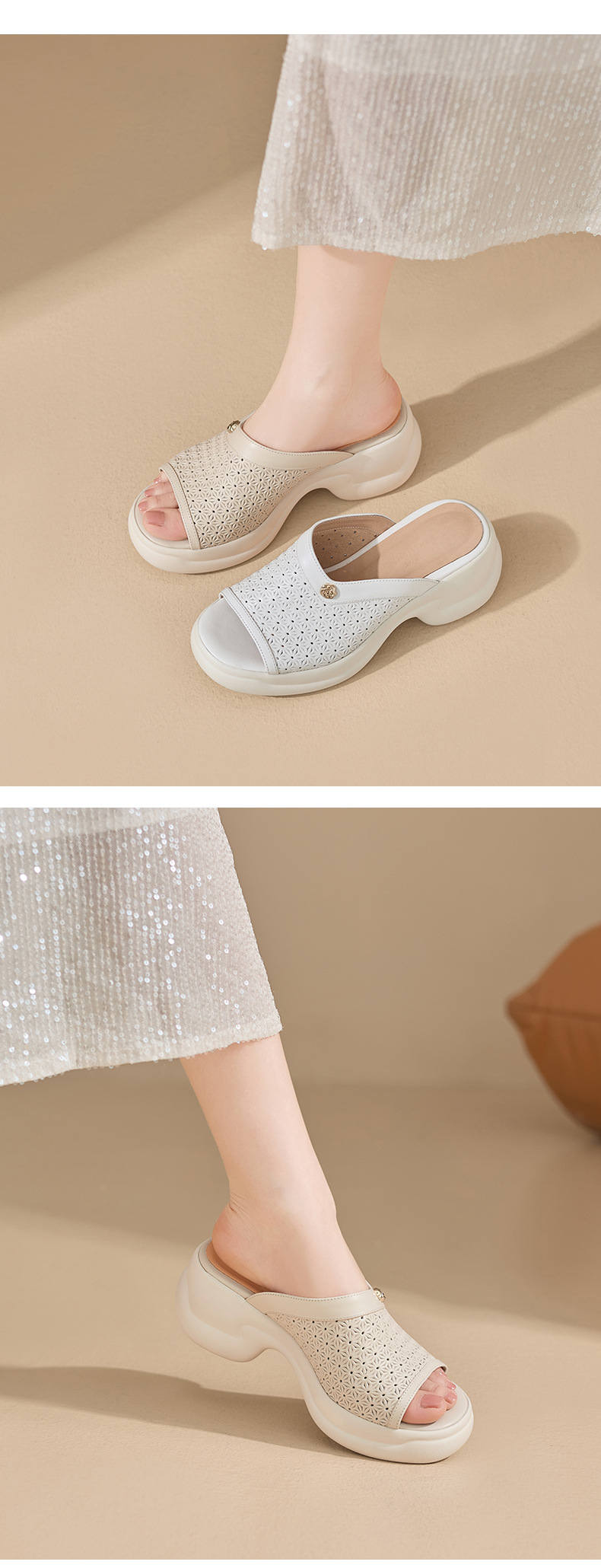 Sandal cao gót nữ mũi hở đế dày 6,5 cm phong cách đơn giản — màu trắng ngà chi tiết 3