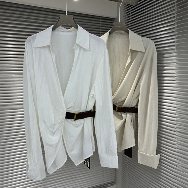 Korean Style Versatile Design Belt Buckle Waist Slimming Look Long-Sleeved Shirt 2025 Autum New White Lapel Shirt