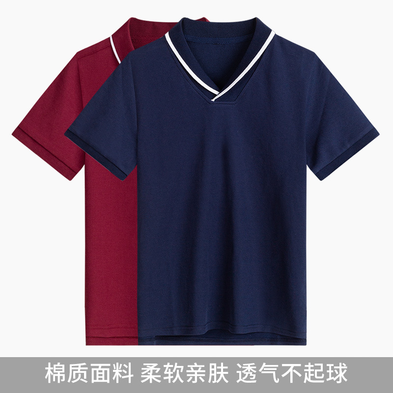 Xing Sen Tu School Uniform Polo Shirt Summer Children's British College Red and White Striped Collar Half Sleeve Men's and Women's Navy Blue Short Sleeve T 