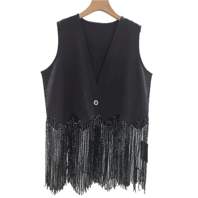 Chaleco de bordilla mujer 2025 otoño nuevo tipo de cuello en V bordilla perforación de un botón suelto chaqueta de hombro casual de moda image 5