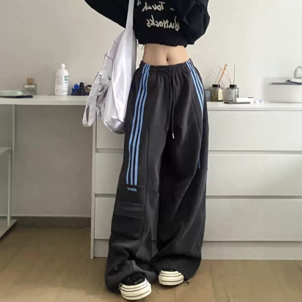 美式复古拼接三条杠高腰运动休闲裤女秋冬宽松阔腿百搭直筒工装裤