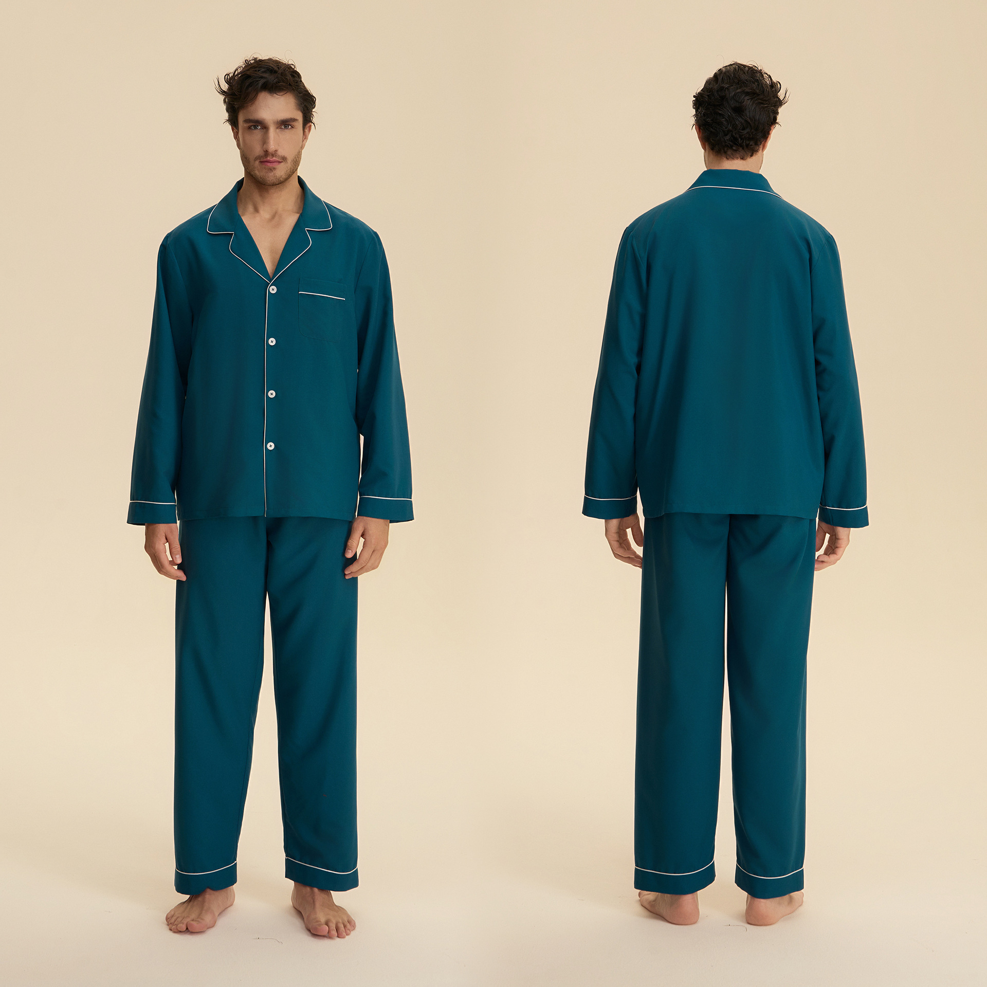 Otoño transfronterizo delgado pareja pijama de manga larga pantalones con solapa nubes algodón casero casual conjunto 3987 + 3988