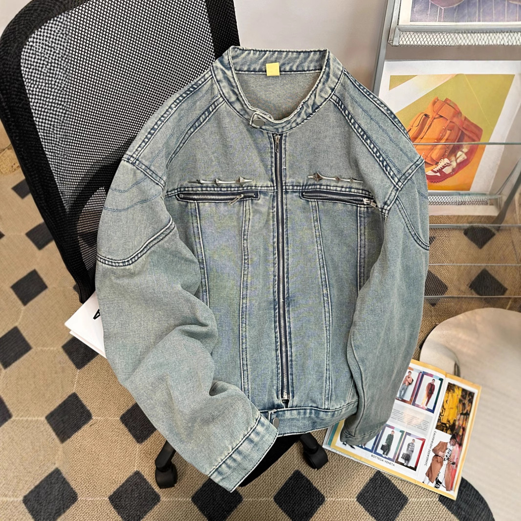 Chaqueta de mezclilla retro americana para hombre, chaqueta suelta de marca de moda de primavera y otoño, diseño de nicho, chaqueta de herramientas con cremallera