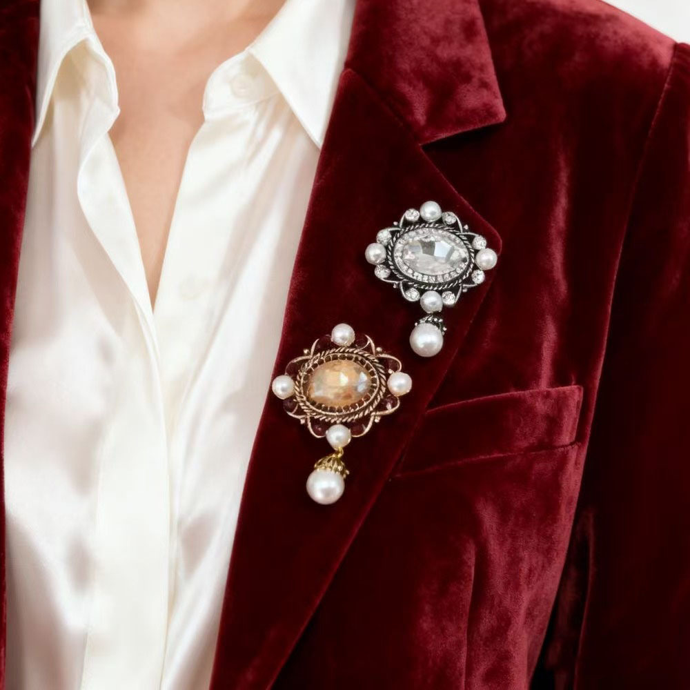 Retro Vintage Diamond-Encrusted Water Drop Pearl Pendant Brooch High-End Pin Suit Coat Accessories Corsage Accessories