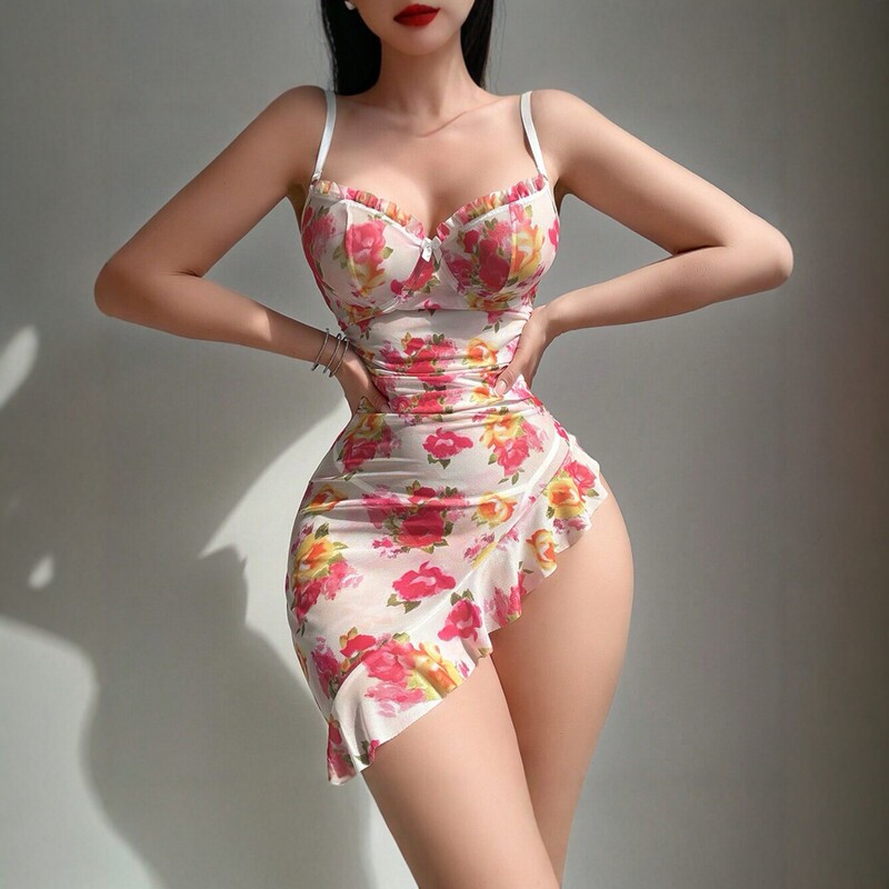 Cross-border European and American style sexy floral print camisole lingerie, figure-hugging, hip-hugging, ruched, high-cut bikini