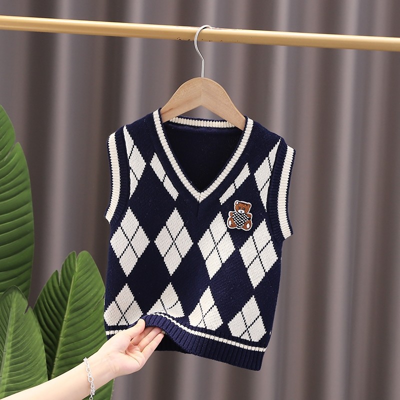 [Oso Jin Yong] Chaleco de punto de algodón para niños Chaleco de punto para niños puro algodón bebé estilo universitario